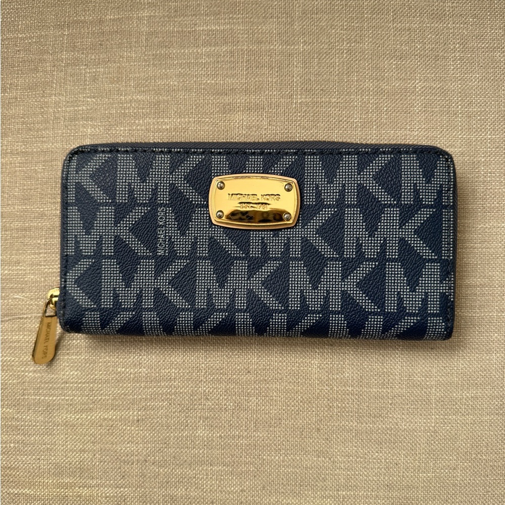Michael Kors Navy and Blue Signature MK Zip Wallet with Gold Plaque